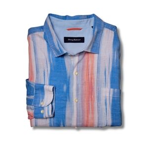 Tommy Bahama Blue & Orange Striped Linen Blend Button-Down Shirt XXL​